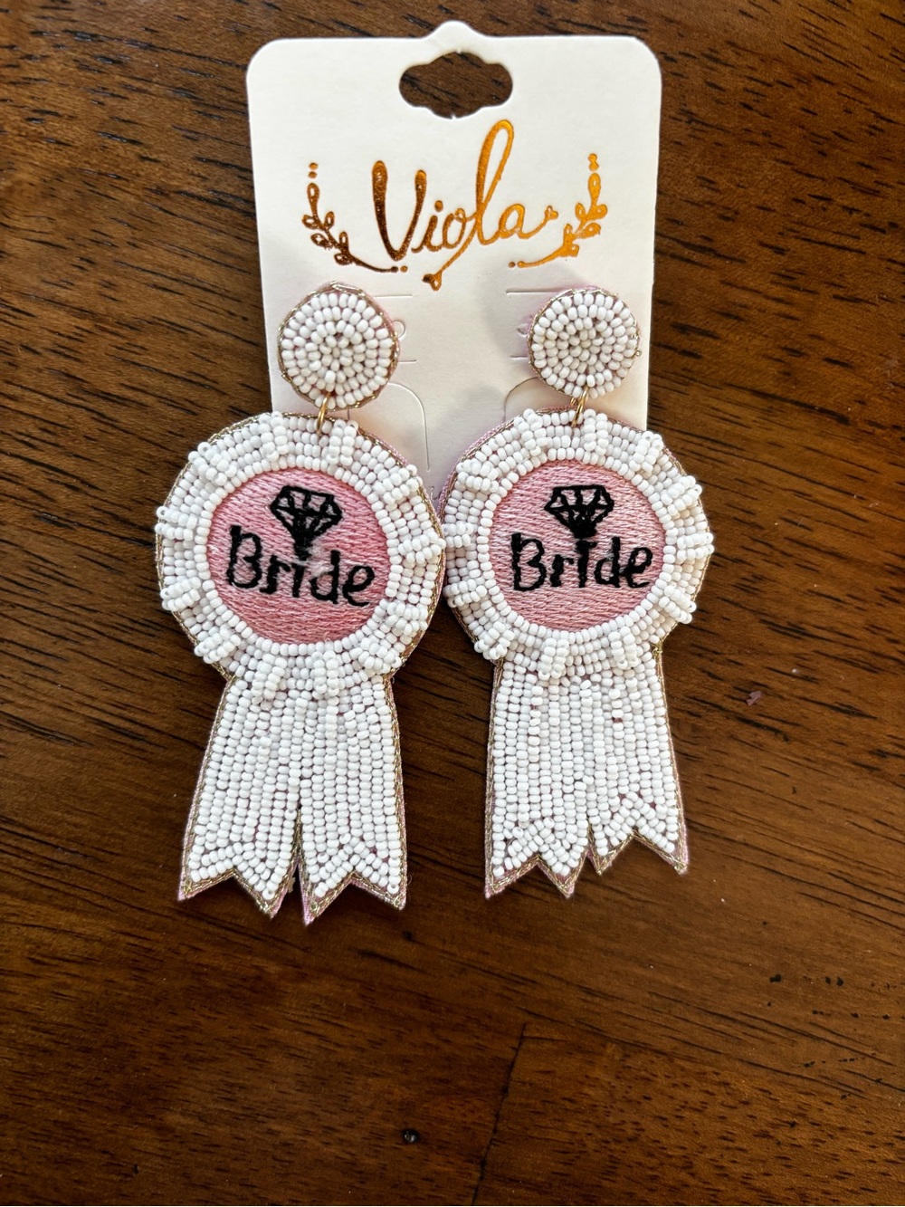 Pink & White 'Bride' Beaded Ribbon Drop Earrings